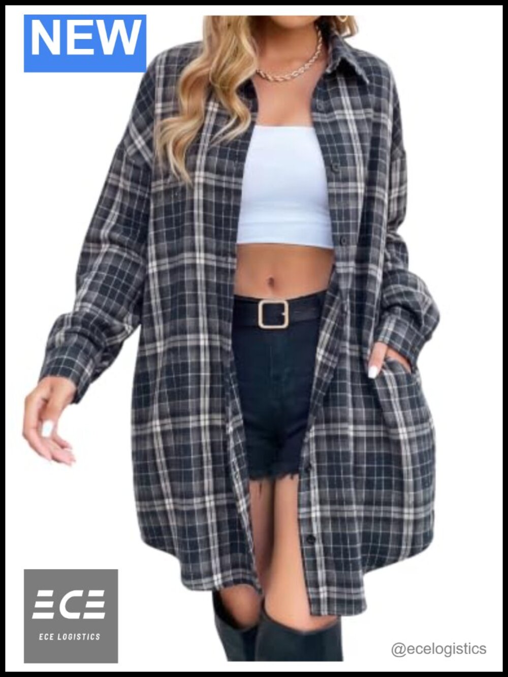 Womens Flannel Shirt Long Sleeve Button Down Plaid Tunic Midi Dress